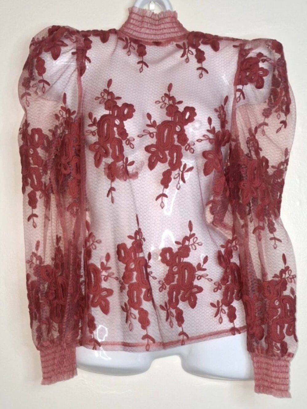 Haute Monde Sheer Floral Lace Blouse Red High Neck Long Sleeve Small New